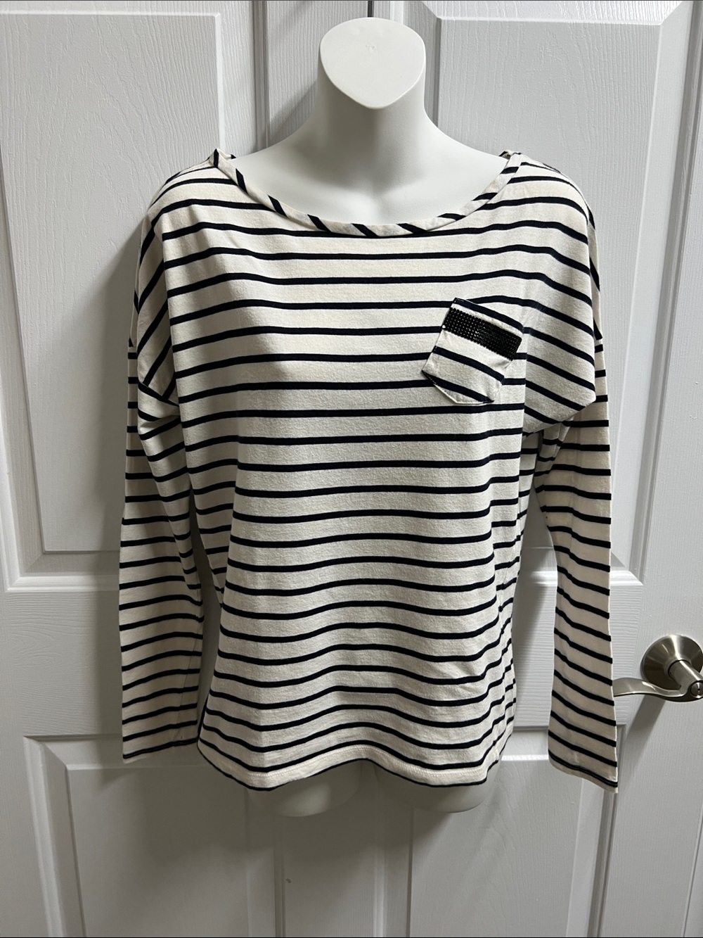 LOFT shirt blouse Cream Black Striped Long Sleeve Tee small S 536